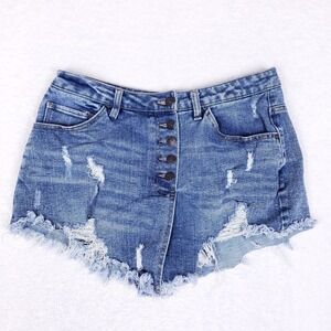 Madden NYC Denim Skort 11 Distressed Blue Asymmetrical Front Wrap Button Fly